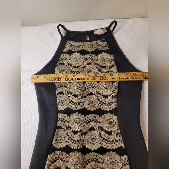 January 7 Black and Gold Bodycon Halter Midi Dress sz M - Picture 3 of 6